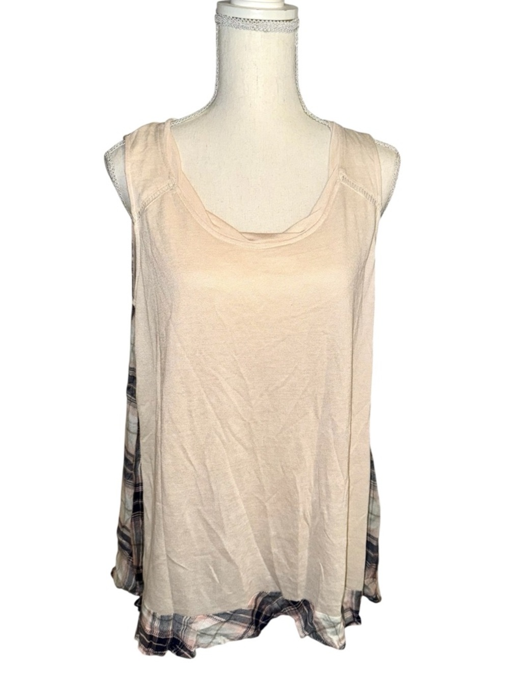 Kori Cream New! Plaid back, cream front, lightweight sleeveless top